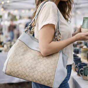 Coach Lexi Signature Ivory and Beige Large Bag Tote Purse Canvas and Leather